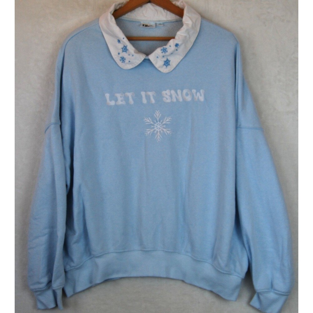Doe Large Frozen "Let It Snow" Collar Sweatshirt Blue White Snowflakes Winter